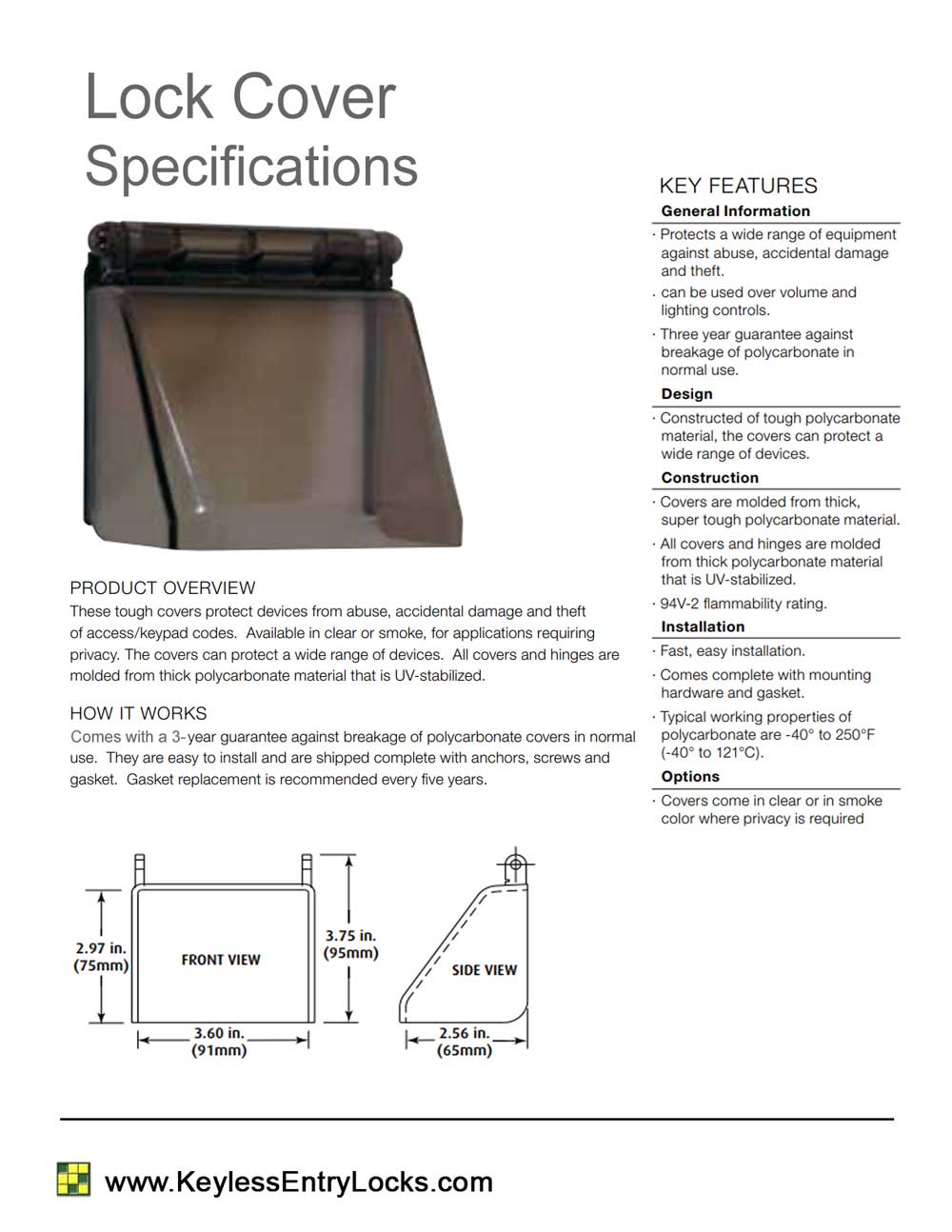 Polycarbonate Lock Cover - Specifications