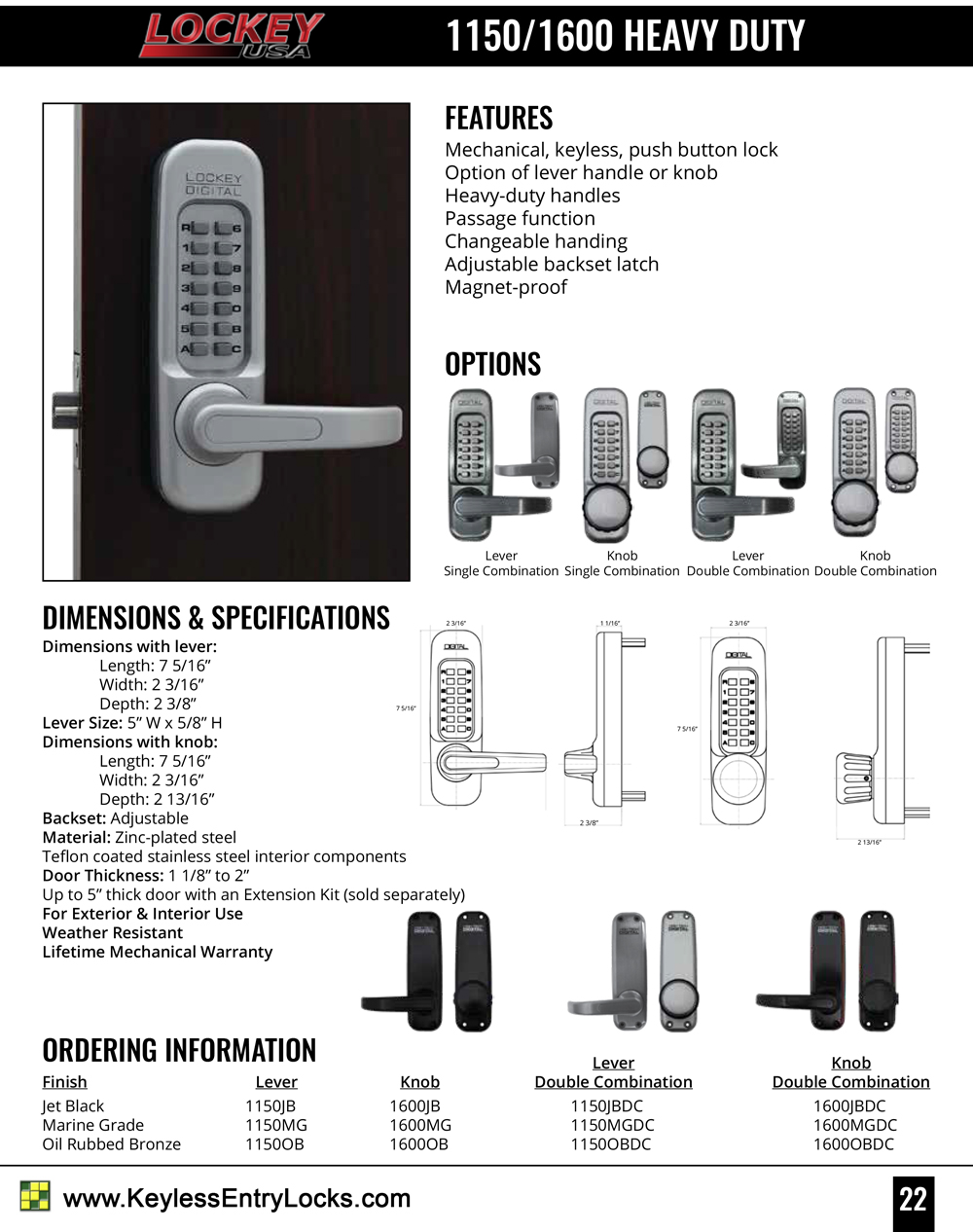 Lockey 1150 Heavy-Duty Lever-Handle Latchbolt Keypad Lock