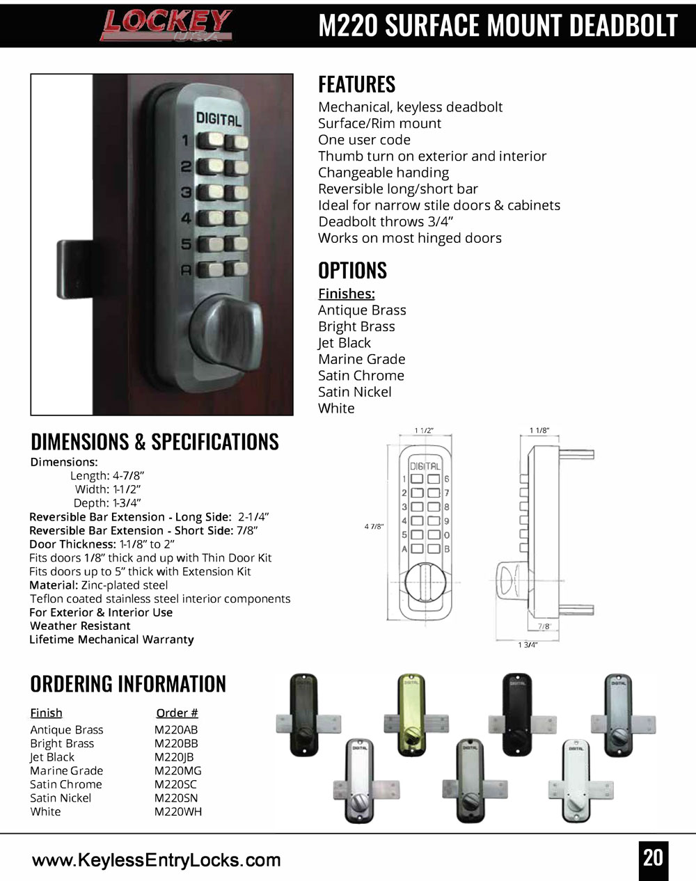 Lockey M220 Home Slide-Bar Deadbolt Keypad Lock