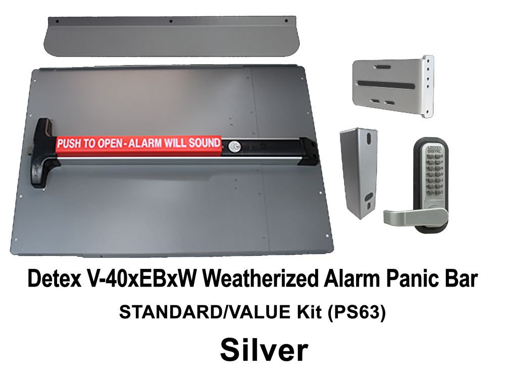 LockeyUSA PS63: Panic Bar & Shield Kit - STANDARD/SECURITY with Detex V-40xEBxW Panic Bar - Click Image to Close