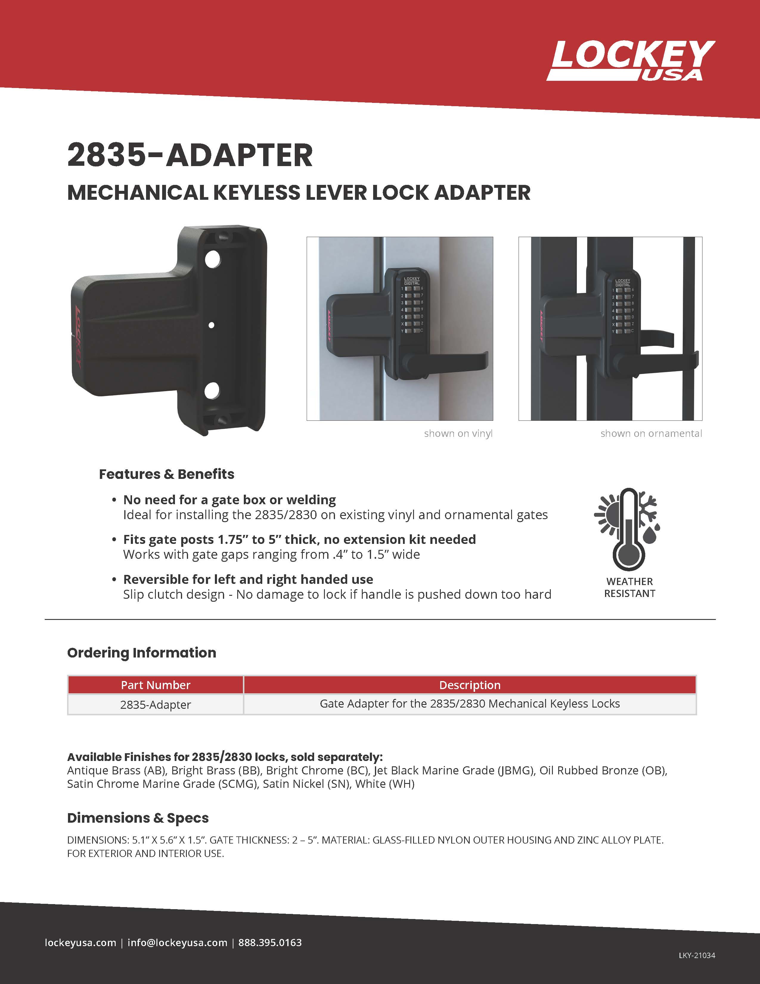 Lockey 2835-Adapter Adapter for installing the 2835/2830