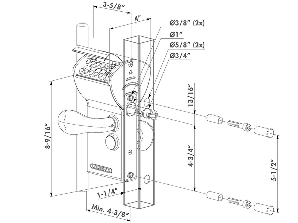 Dimensions of the Locinox LFKQX1 FreeVinci Surface-Mounted Mechanical Lever-Handle Keyed Lock