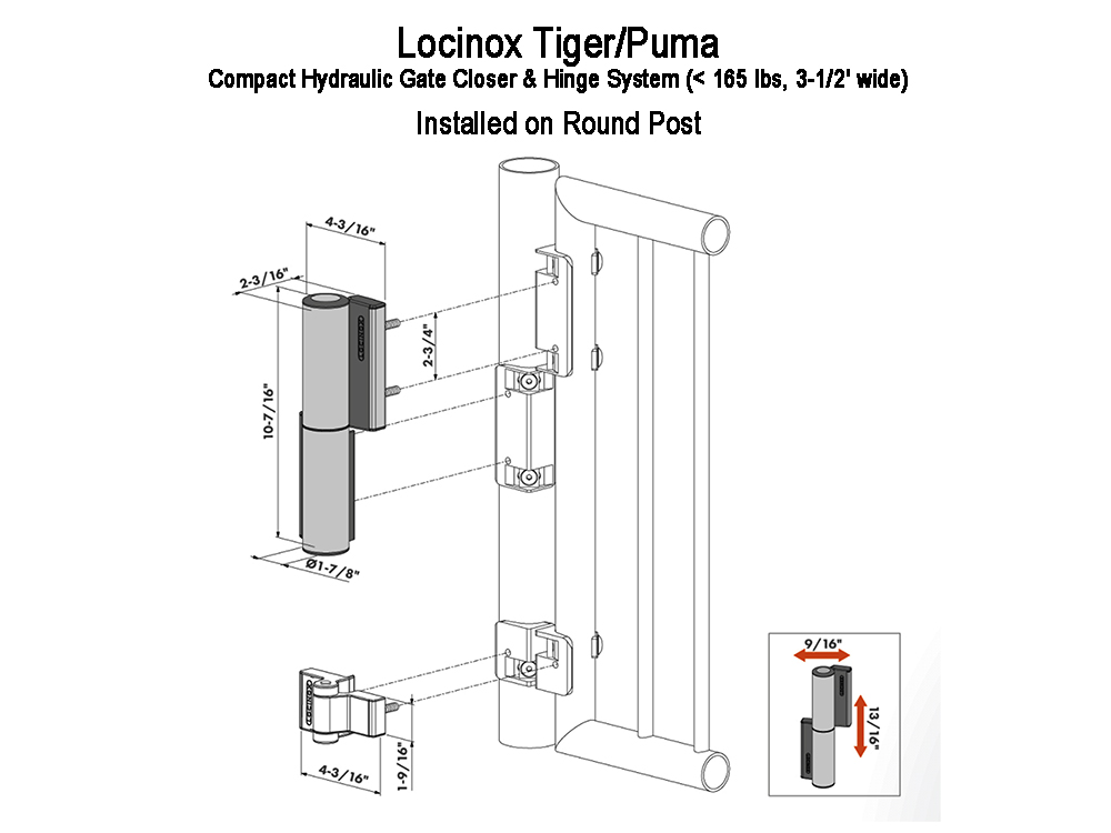 Locinox TIGER Compact Hydraulic Gate Closer & Hinge System for Tiger/Puma (< 165 lbs, 3-1/2' wide)