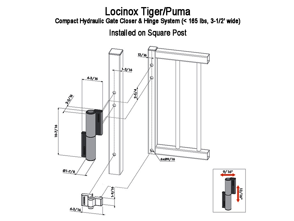 Locinox TIGER Compact Hydraulic Gate Closer & Hinge System for Tiger/Puma (< 165 lbs, 3-1/2' wide) - Click Image to Close