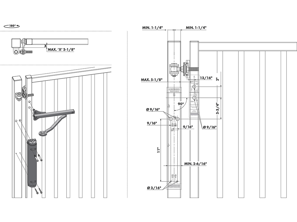 Locinox VERTICLOSE2 Heavy-Duty Retrofit Hydraulic Gate Closer (< 330 lbs, < 5' wide, 90-180 degree swing)
