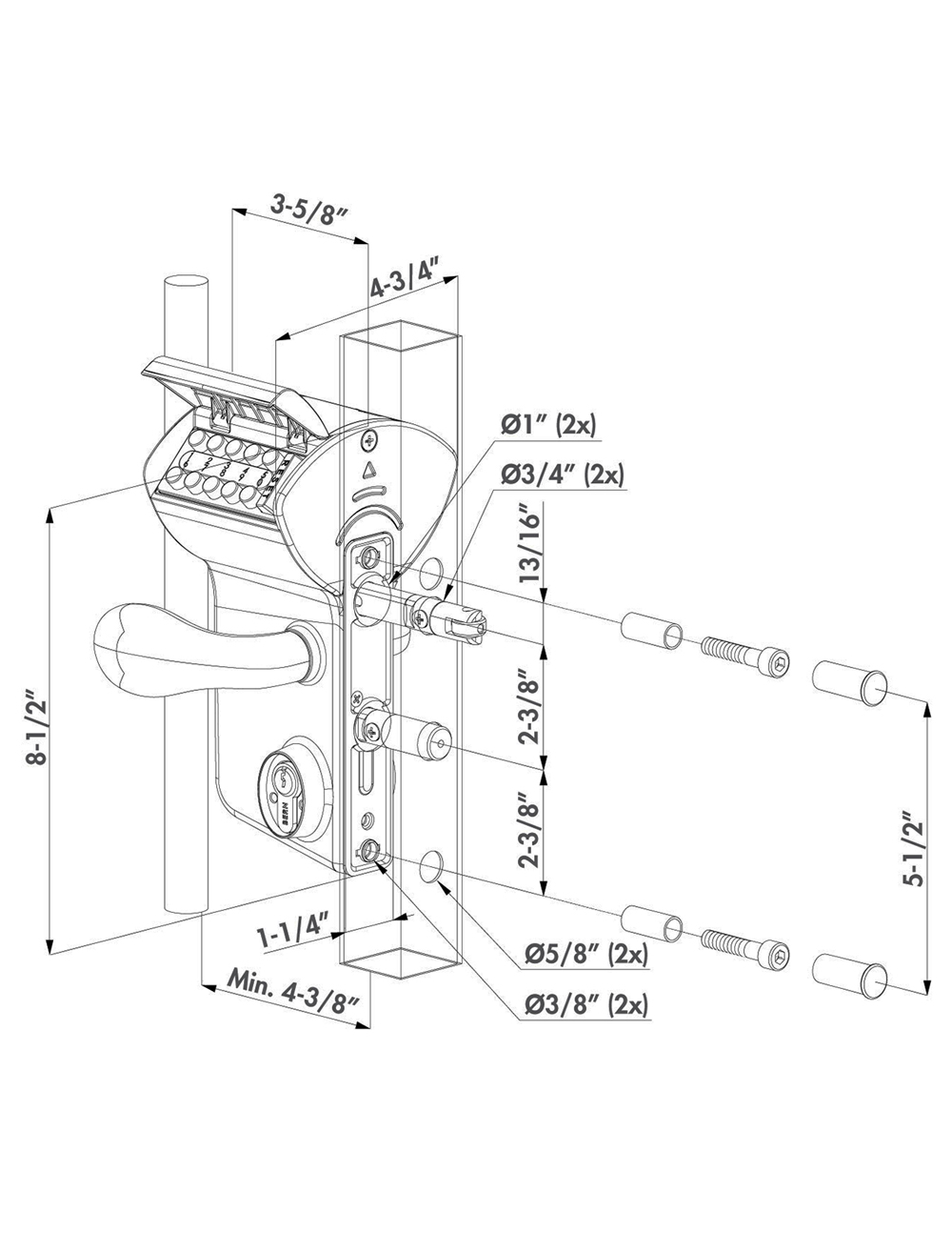 Dimensions of the Locinox Vinci Double-Sided Surface-Mounted Mechanical Latchbolt Lock