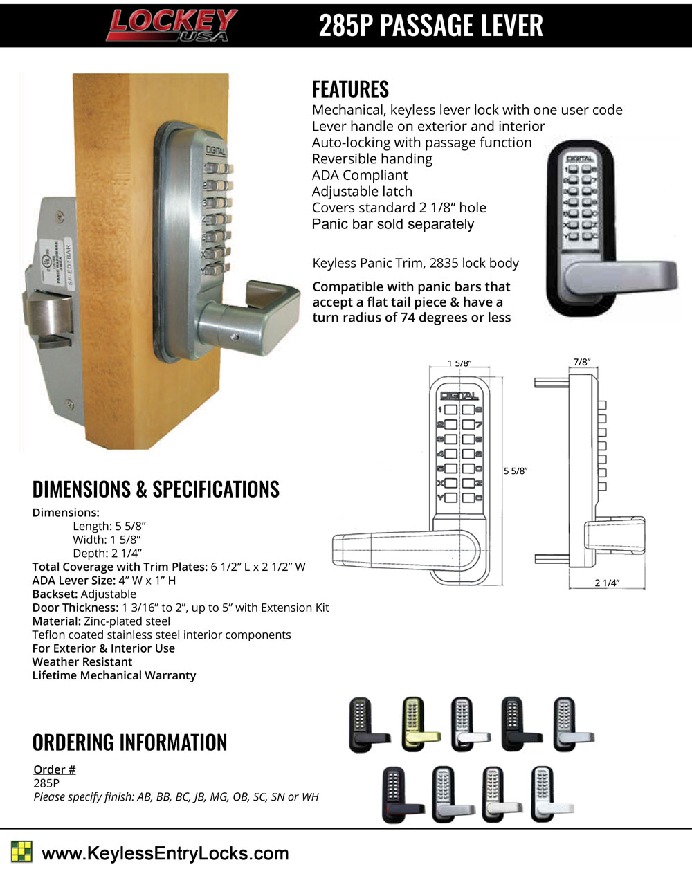 Lockey 285P Lever-Handle Panic-Bar Keypad Lock
