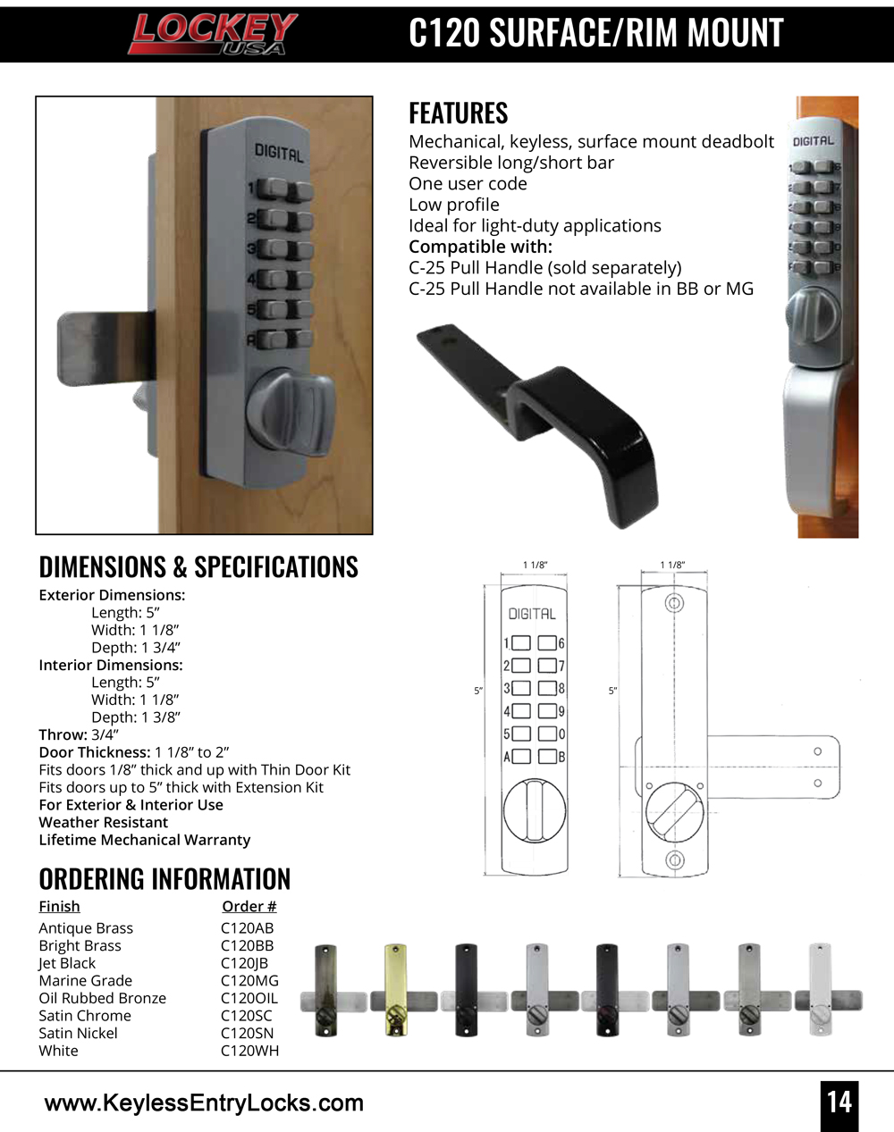 Lockey C120 Cabinet Slide-Bar Deadbolt Keypad Lock