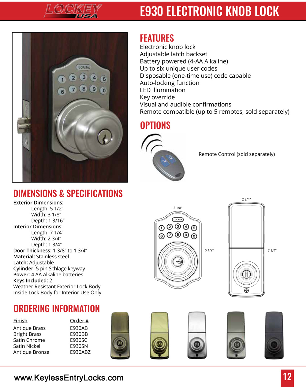 Lockey E930 Electronic Knob-Handle Latchbolt Lock