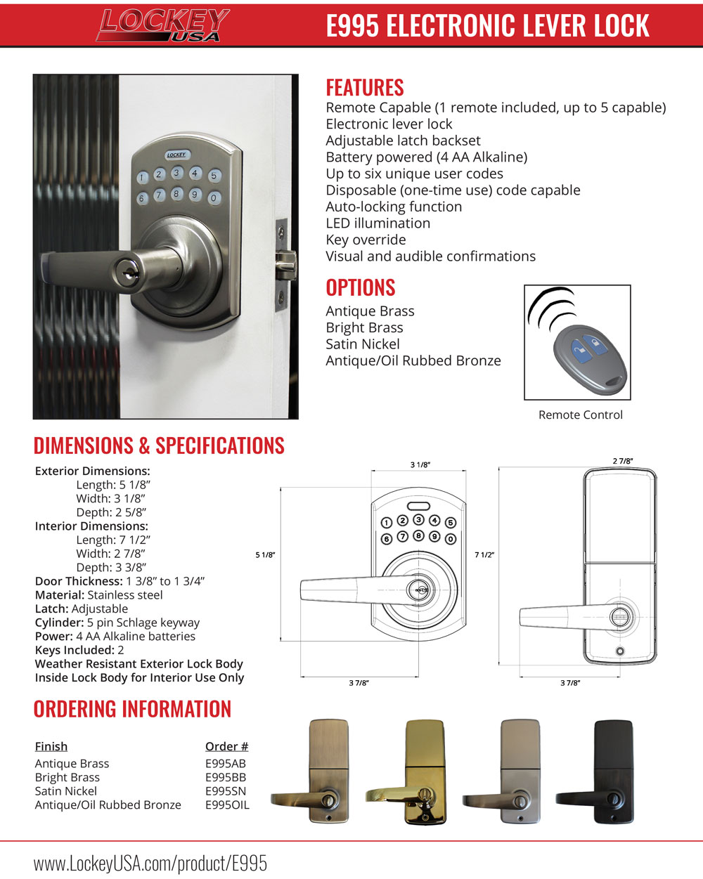Lockey E995 Electronic Lever-Handle Latchbolt Lock