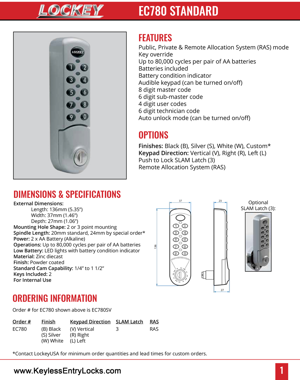 Lockey EC-780 Standard Cabinet/Locker Lock