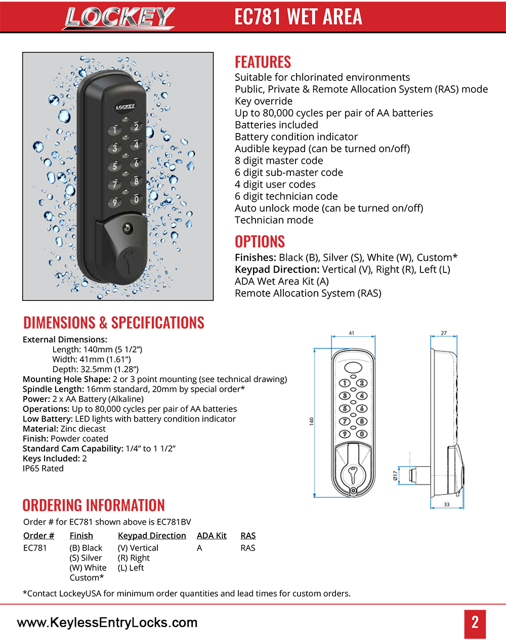 Lockey EC-781 Wet Area Electronic Cabinet/Locker Lock