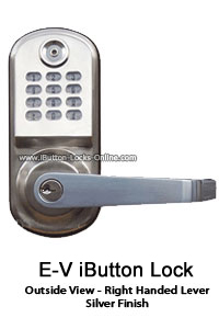IBUTTON LOCK: E-V iButton/Keypad Combination Entry Door Lock with Lighted Keypad: outside body view right handed lever in silver finish